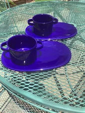Soup Bowl Double Handles w/ Sandwich Plate Royal Blue Pottery 2/sets