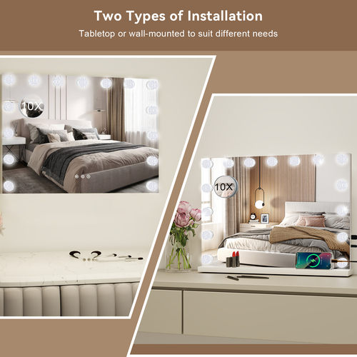 LED Hollywood Mirror 3 Color Lighted Makeup Mirror 58*46cm USB+Typc C Port White - Picture 10 of 13