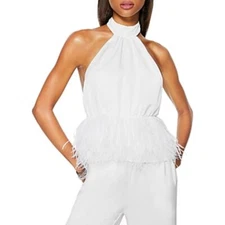 Danni Womens Faux Feather Peplum Halter Top SMALL NWT