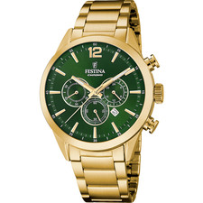 Festina F206335 Men Gold Tone Stainless Steel Green Dial Chronograph Watch 43 mm
