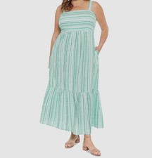 London Times Womens Green Striped Square Neck Sleeveless Dress Plus Size 24W