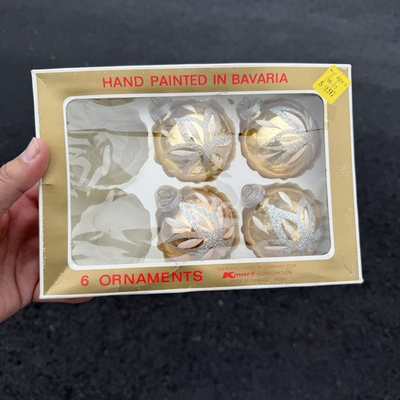 #ad Vintage 4 Kmart Gold Ball Glittered Ornaments Hand Painted Bavaria Original Box $5.99