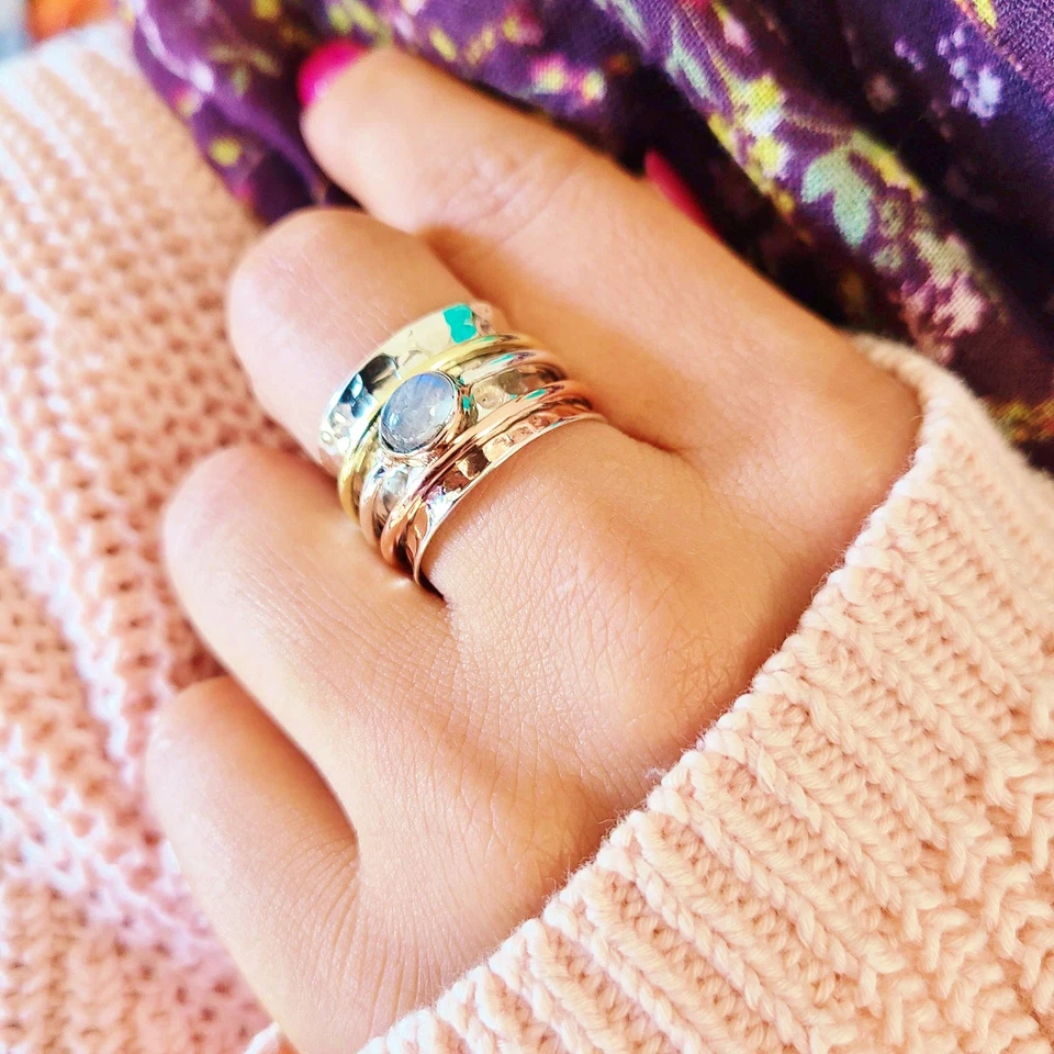 Anillo giratorio de piedra lunar genuina de plata de ley 925 anillo de meditación anillo inquieto Foto 2 de 4