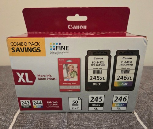 Canon PG-245XL CL-246XL Tintenpatrone 2er Pack + 50 4x6 Fotopapier Neu Karton