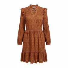 AE77 LARGE Rust/Brown Eyelet Ruffled Boho Country Long Sleeve Dress NWT