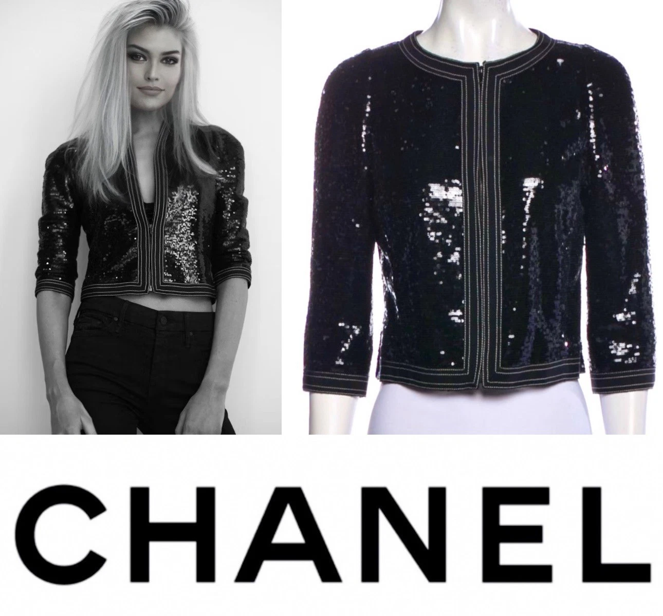 Giacca da sera corta Chanel vintage 2013 nera paillettes 34 36 2 4 cappotto top 13 S XS