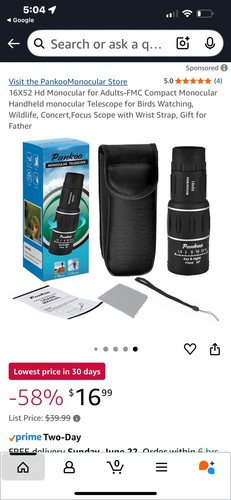 Pankoo 16X52 Monocular Telescope, High Power Prism Compact Monocular for Adults - Picture 1 of 6