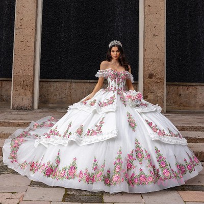 White Mexican Quinceanera Dresses Ball Gown Off Shoulder 3D Floral  Embroidered | eBay