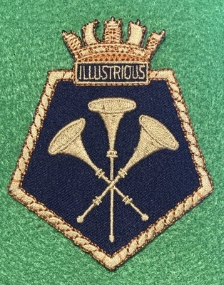 Vintage British navy, HMS illustrious aircraft carrier, embroidered patch NOS