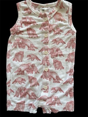 Kate Quinn 2022 EUC Ivory/Rust Raccoons Bamboo Knit Sleeveless Romper-3-6Mos