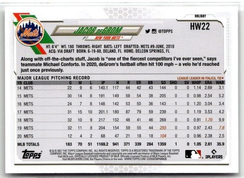 2021 Topps Holiday Jacob deGrom SP Santa Hat - Picture 2 of 2