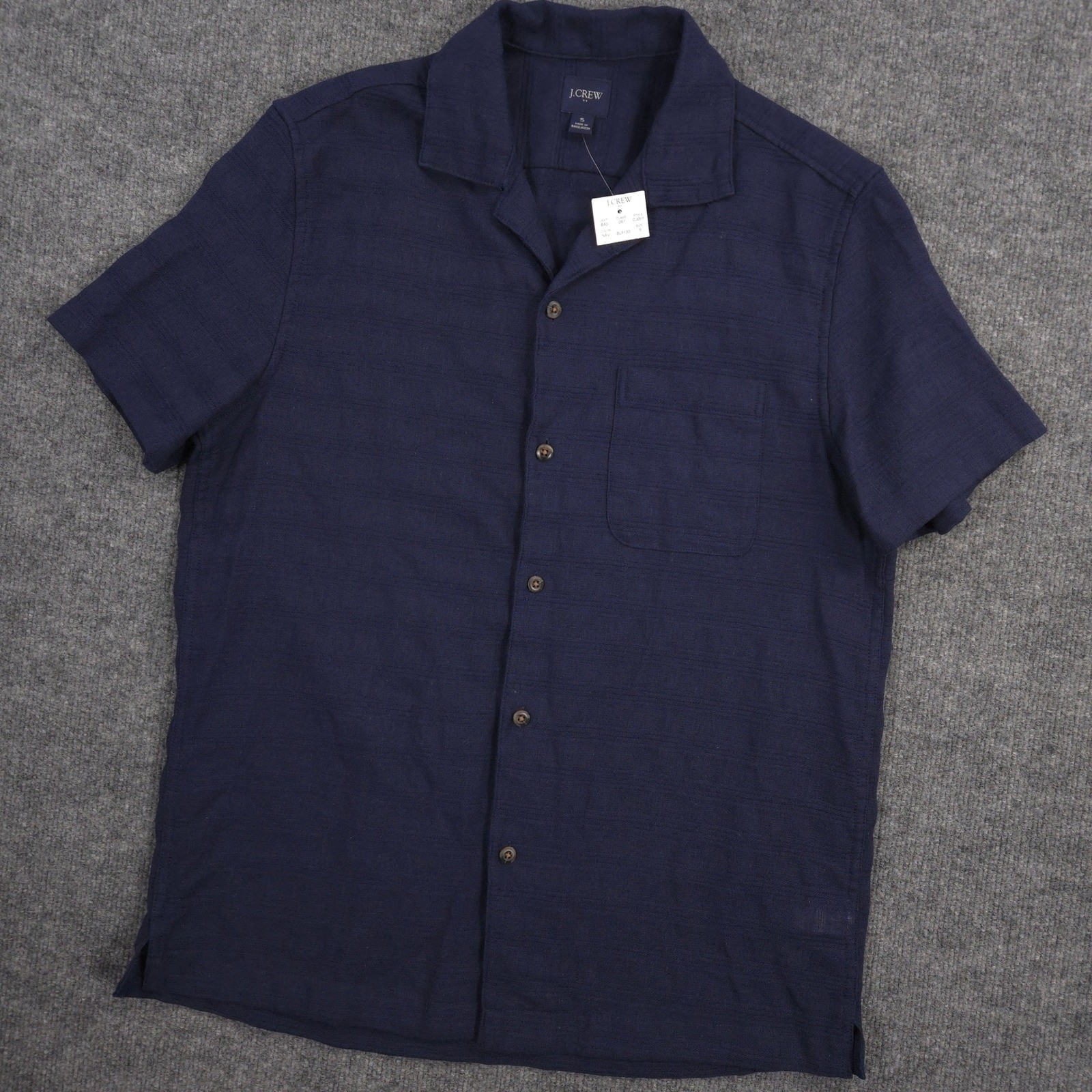 J Crew Camp Shirt Mens S Navy Blue Textured Linen Blend Short Sleeve Preppy NEW