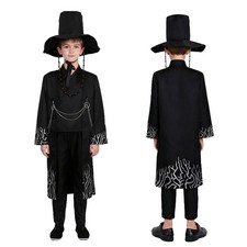 Boys Costume Black Top Pants Set With Hanbok Korean Traditional Hat Anime