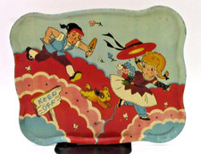 Vintage Ohio Art Tin Litho Tray Boy Chasing Girl Dog Keep Off 8x10