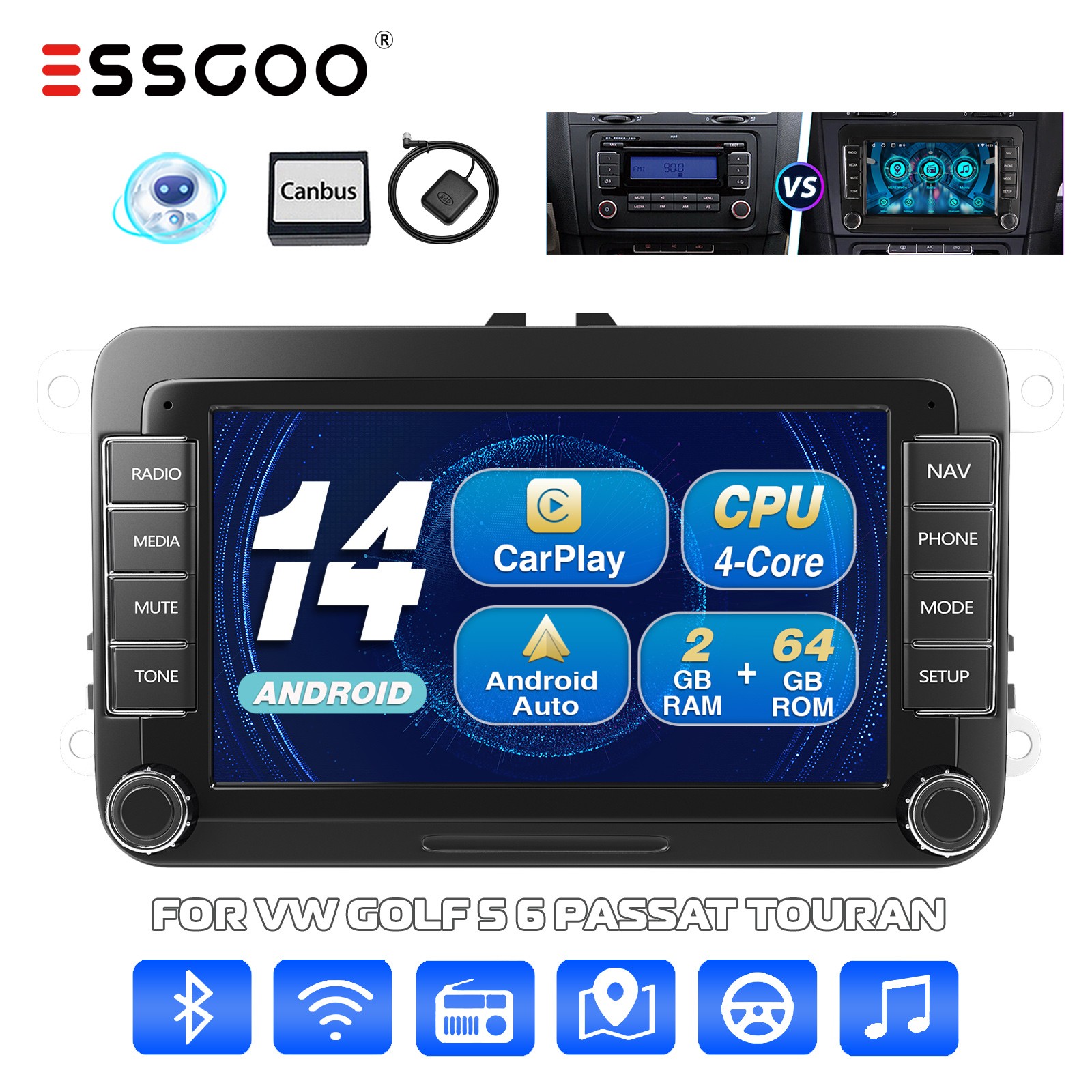 Autoradio Android 14 avec Carplay sans fil et GPS pour VW Golf 5 6 et Tiguan 64Go