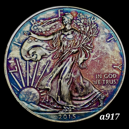 2015 Silver American Eagle Coin Colorful Rainbow Toning #a917