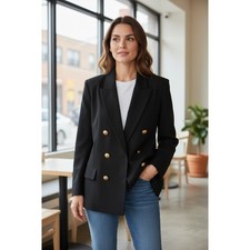 Double Breasted Black Wool Blazer Gold Button Tailored Fit Women's Jacket Size L