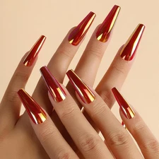 24PCS Chrome Press on Nails Fluorescent Holographic Coffin False Nails Chrome-5