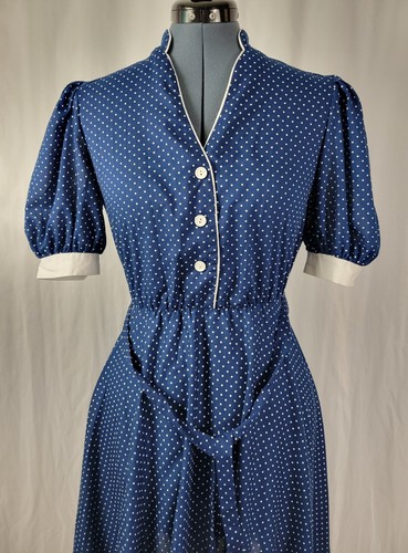 Vintage New Raves Blue Dress w White Polka Dots & Trim w Matching Tie Belt Size - Picture 17 of 19