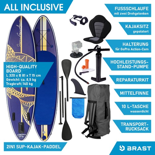BRAST® SUP Board Shark | Aufblasbares Stand up Paddle Set | 320x81x15cm - Photo 9/43