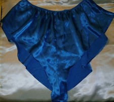 Vintage 80s Victorias Secret Blue Liquid Satin Hi-Cut Frilly French Panties EUC