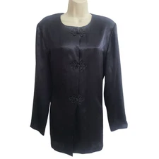 Vintage Black Leslie Fay Blouse Sz 12 Silky Asian Inspired Buttons Free Ship