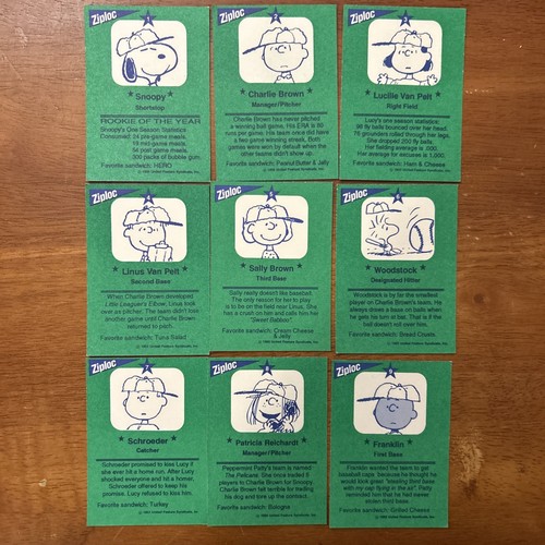 VINTAGE ZIPLOC PEANUTS ALL STARS CARDS COMPLETE SET #1-9 Snoopy Lucy Franklin - Picture 6 of 9