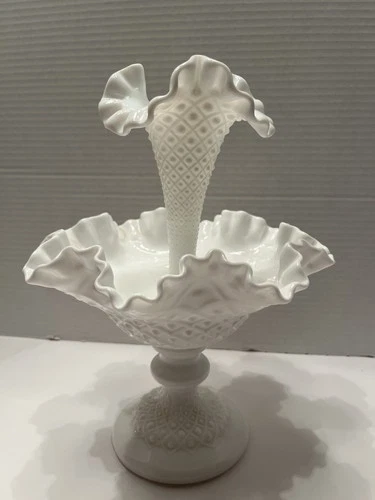 VTG Fenton Diamond Lace Milk Glass Angle Horn Epergne