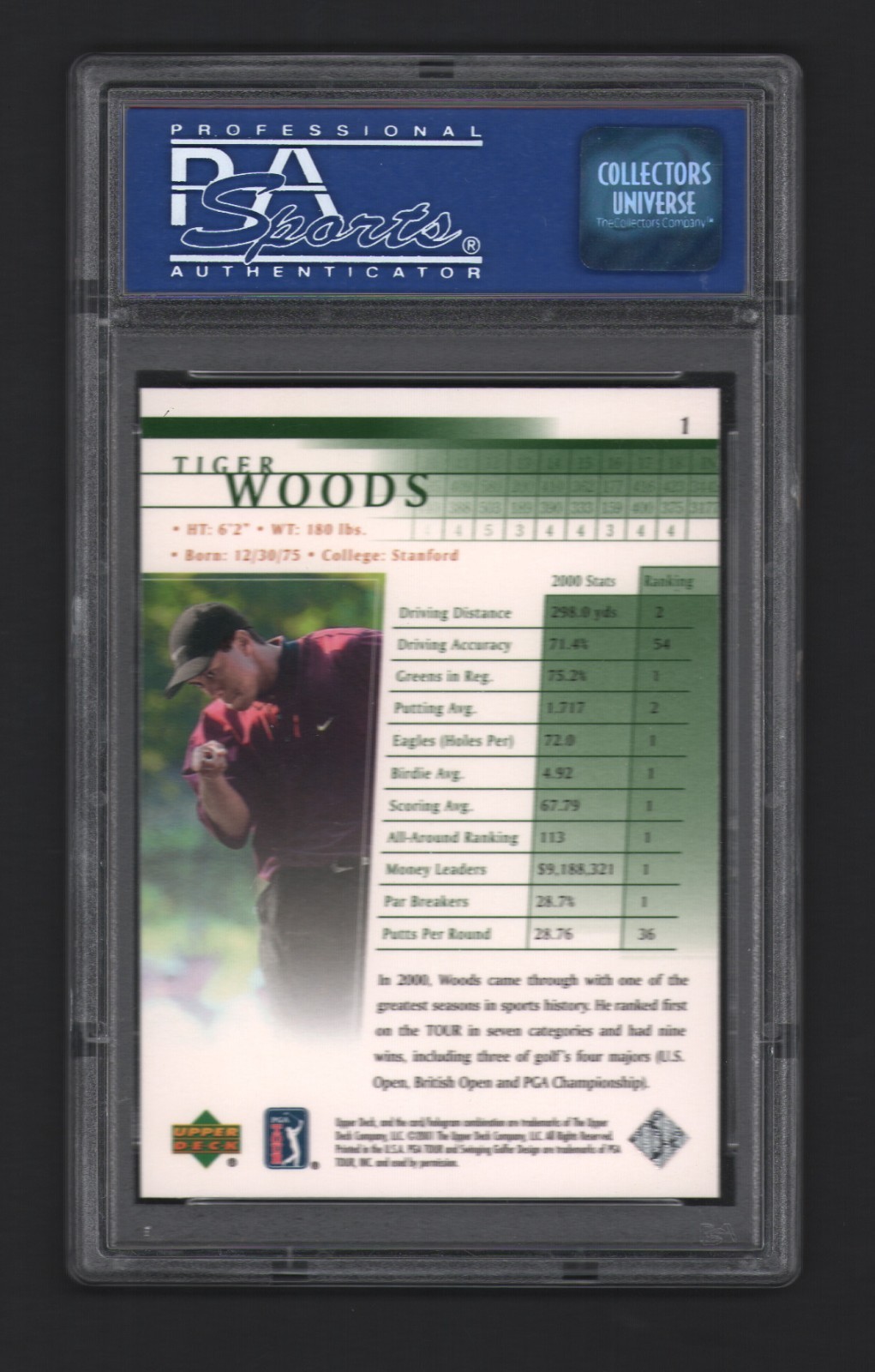 Tiger Woods 2001 Upper Deck Golf #1 Rookie Card Rc PSA 9 Mint X446 view 2