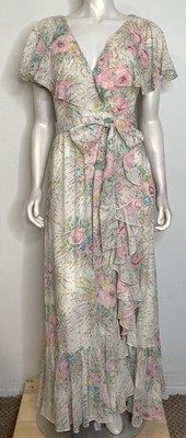 VTG Oscar de le Renta Floral Maxi Dress 6 8 10 Romantic Sleeveless Ruffles