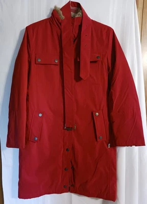 Women's Red Burberry London Long Coat. Size M. Rabbit Fur Collar.  Lined
