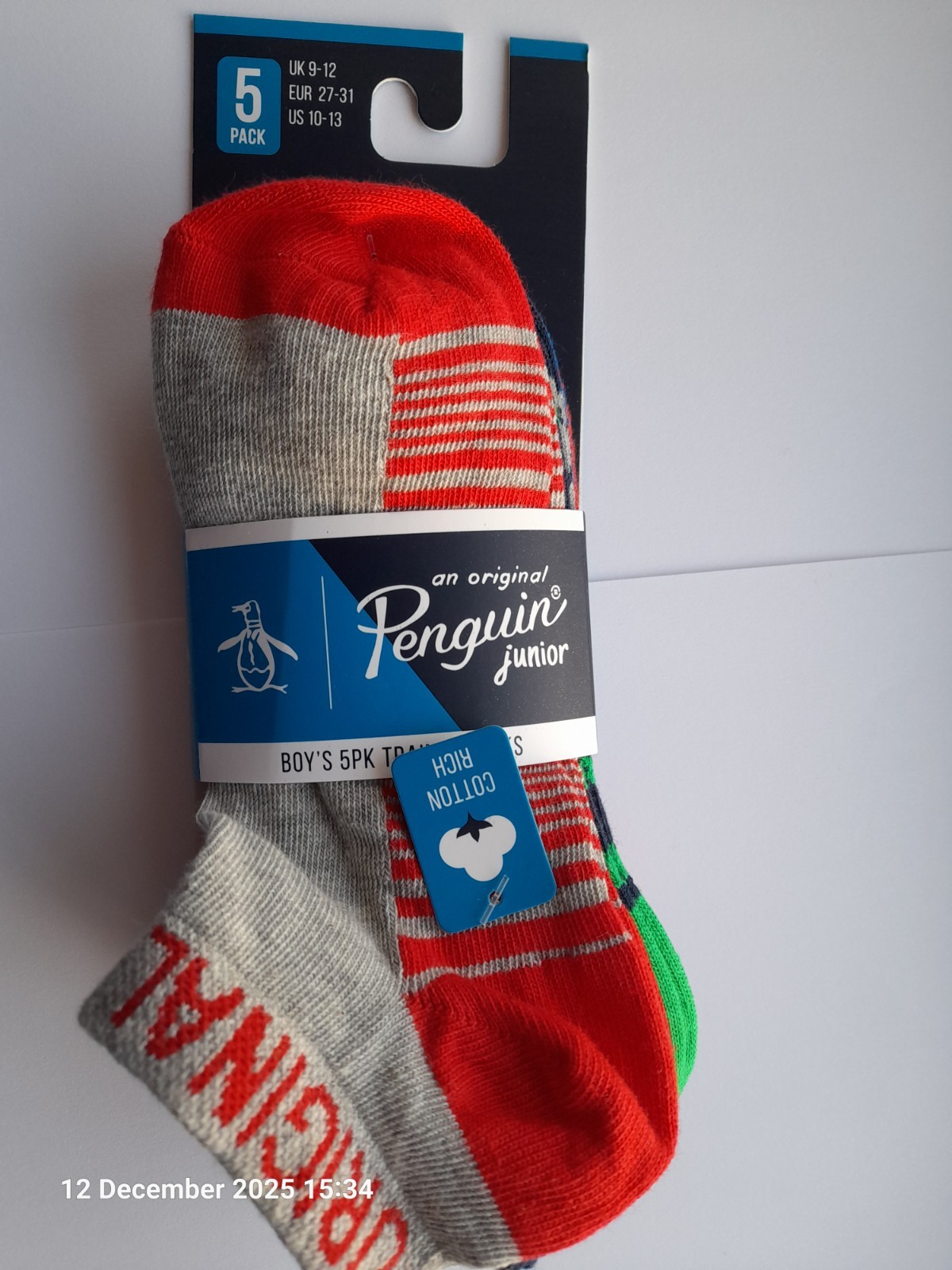 PENGUIN Junior Boy's Cotton Trainer Socks Pack Of 5 Pairs Size UK 9-12 EUR 27-31
