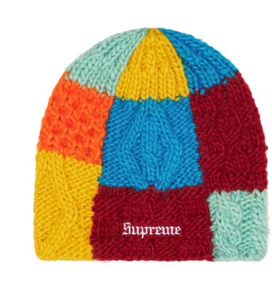 Bonnet tricot Supreme Block multicolore rouge bleu orange jaune comme neuf en main SS25