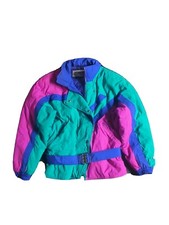 Vintage 80s-90s Fera Ski Wear Snow Jacket Color Geometric Neon Belted 14