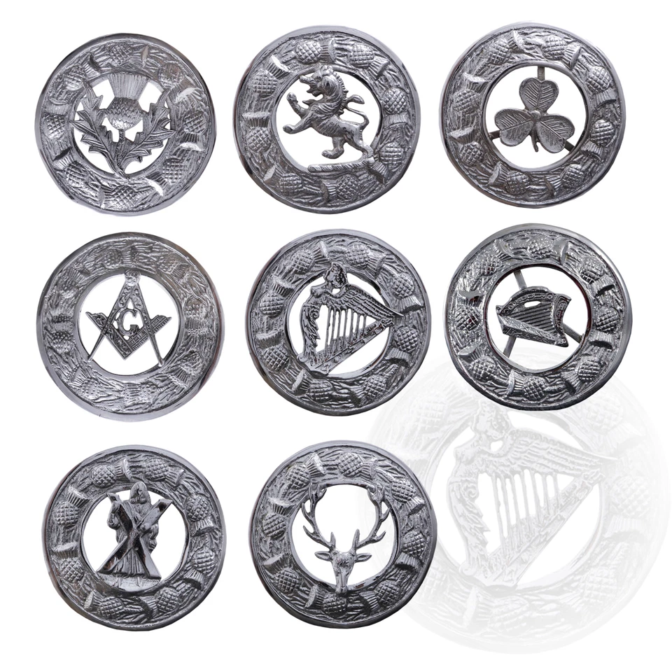 SHYNE KILTS U.K KILT FLY PLAID BROOCH LARGE WITH SCROLLING THISTLE BORDER VARIOUS DESIGNS