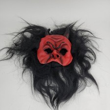 Adult Halloween Mask Full Furry Hair Rubber Devil Horns Scary red face