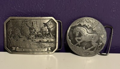 Vtg 70s Belt Buckle Lot Alice In Wonderland Brass Bergamot Dege Design Unicorn Vintage Bergamot Alice in Wonderland Through the Looking  main image 3