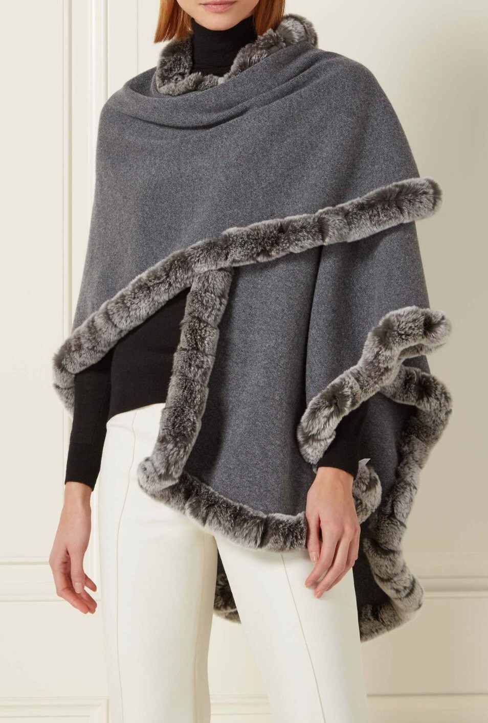 N PEAL WOMEN'S CAPE/ SHAWL WITH FUR TRIM EDGE 100 CASHMERE (NEW IN BOX