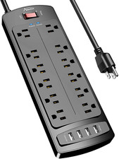 Power Strip, Surge Protector with 12 Outlets and 4 USB Ports, 6 Feet Extension