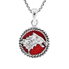 Fierce and Noble Wolf Red Coral Sterling Silver Round Pendant Necklace