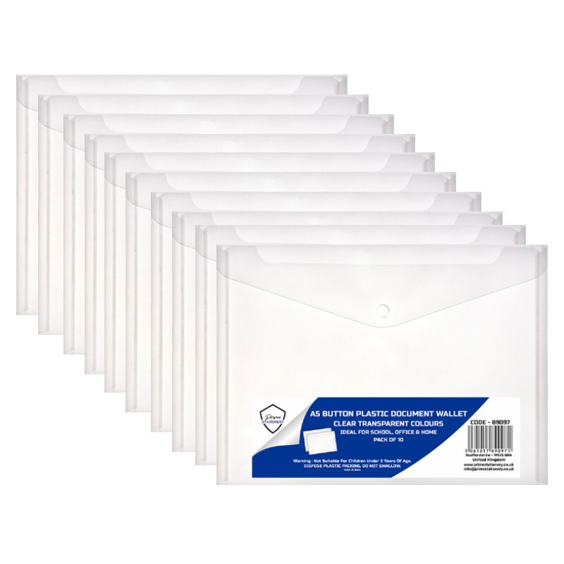 [Set of 10] A5 Stud Document Wallet Plastic Carry Popper File Folder -Clear