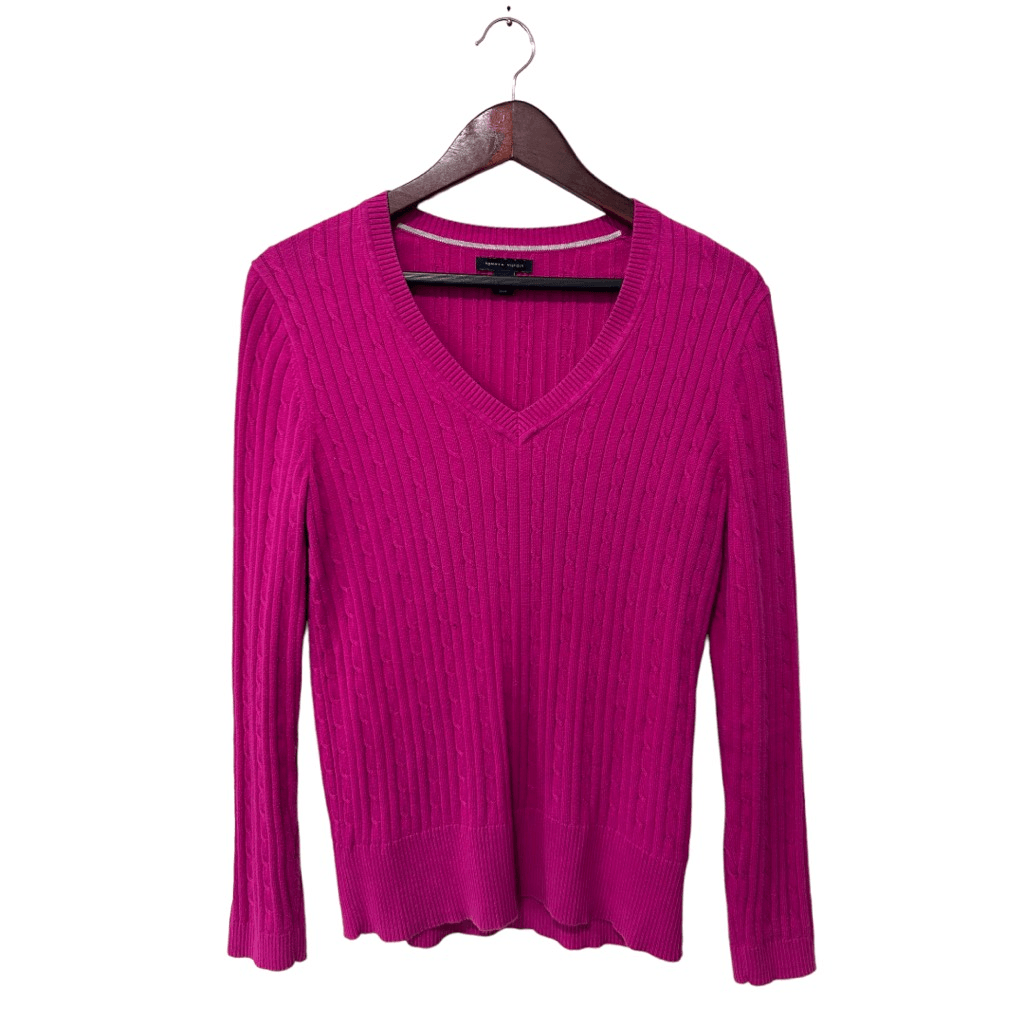 Tommy Hilfiger Magenta Cable Knit 3D V-Neck Sweater Size Large