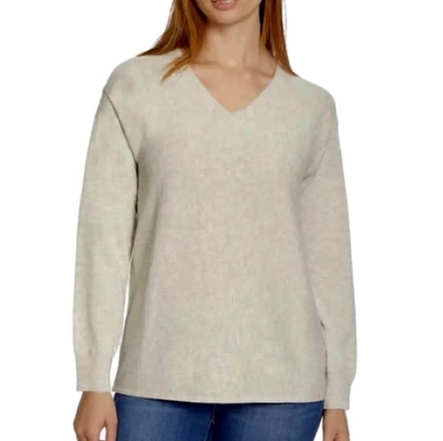 Ella Moss Women's Long-sleeve - V Neck Ribbed Soft Pullover Sweater Size M Beige - Picture 1 of 8