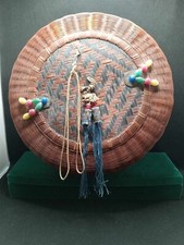 Vintage Wicker Chinese Sewing Basket W/Coins, Peking Beads and Tassels