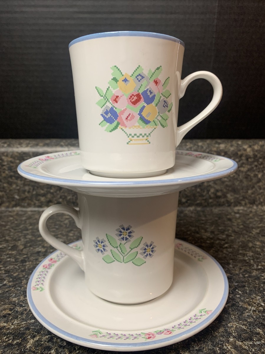 2 Ranmaru Sampler #4900 Cross Stitch Flowers Stoneware Cup