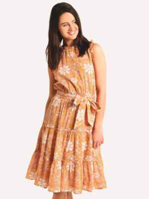 Roller Rabbit Tomlin Naoki Orange Tiered Floral Ruffle Sleeveless Midi Dress