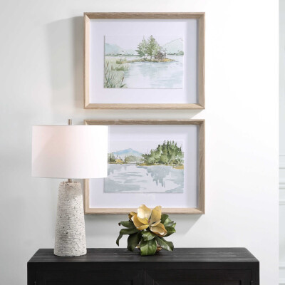 Serene Lake Framed Prints Wall Art Under Glass ~ Set Of 2  ~ Uttermost 32288