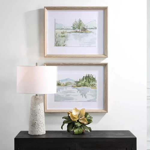 Serene Lake Framed Prints Wall Art Under Glass ~ Set Of 2  ~ Uttermost 32288 - Picture 1 of 8