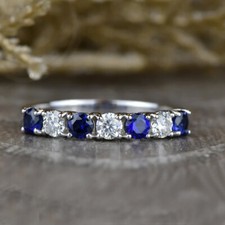 1.50 Ct Round Cut Blue Saphire Half Eternity Wedding Ring 14K White Gold Finish