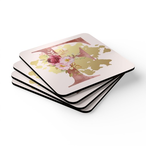 Untersetzer 4er Set - Buchstabe "F" Initiale Rosa Blume Gold Splash - Bild 4 von 5